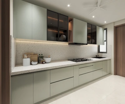 Modern modular kitchen with sleek cabinets and white countertop